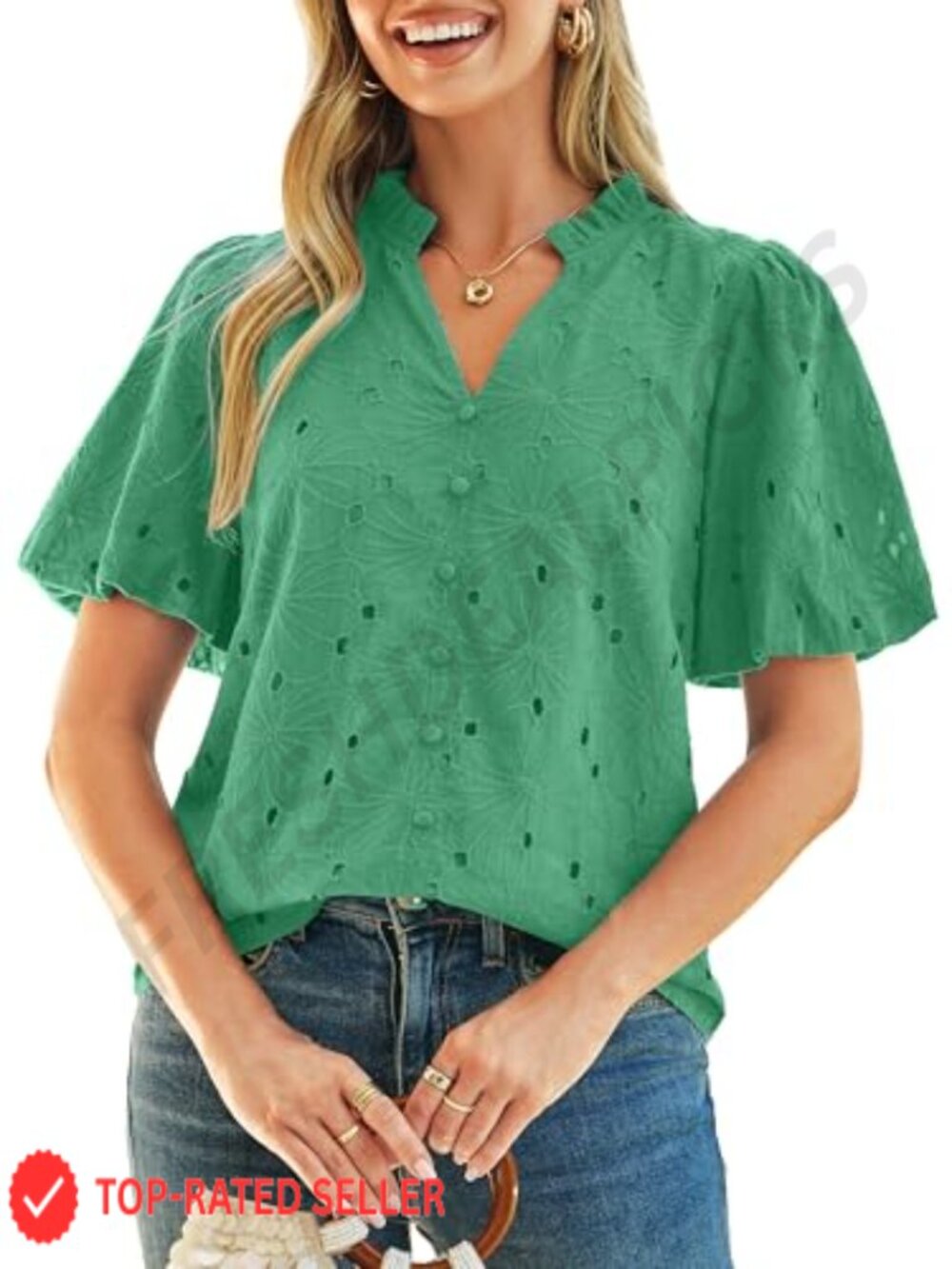Womens Summer Top Embroidered Lace Eyelet V Neck Puff Sleeve Blouse